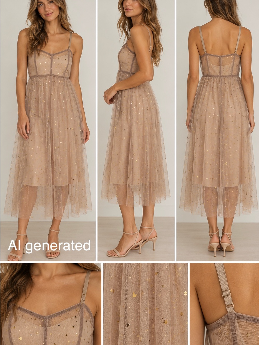 Tulle Star-Embellished Midi Dress in Nude